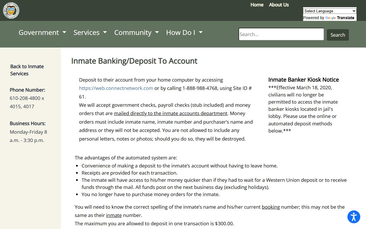 Berks County Jail System inmate banking and ConnectNetwork deposit fees