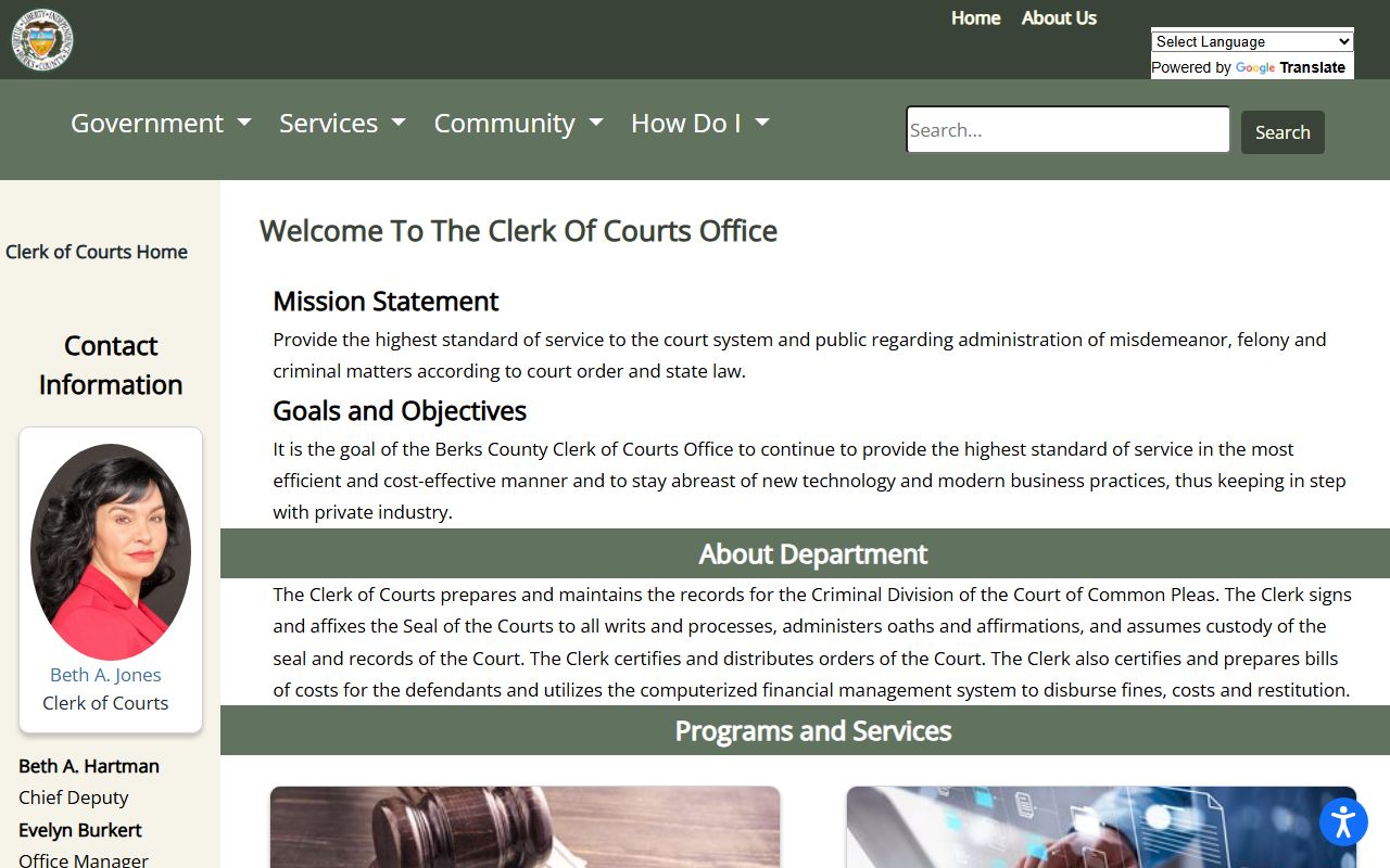 Berks County Clerk of Courts criminal records responsibilities page