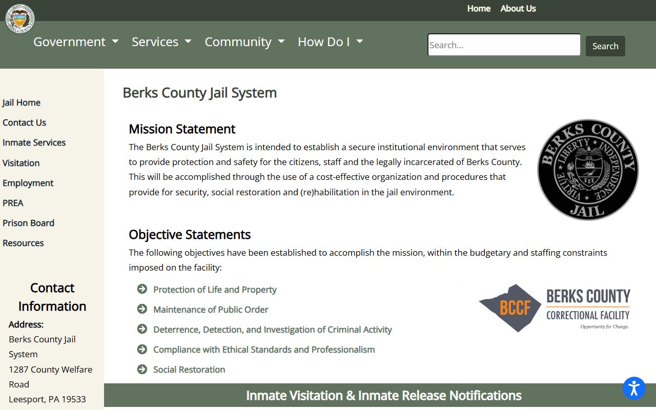Berks County inmate population jail homepage inmate locator link