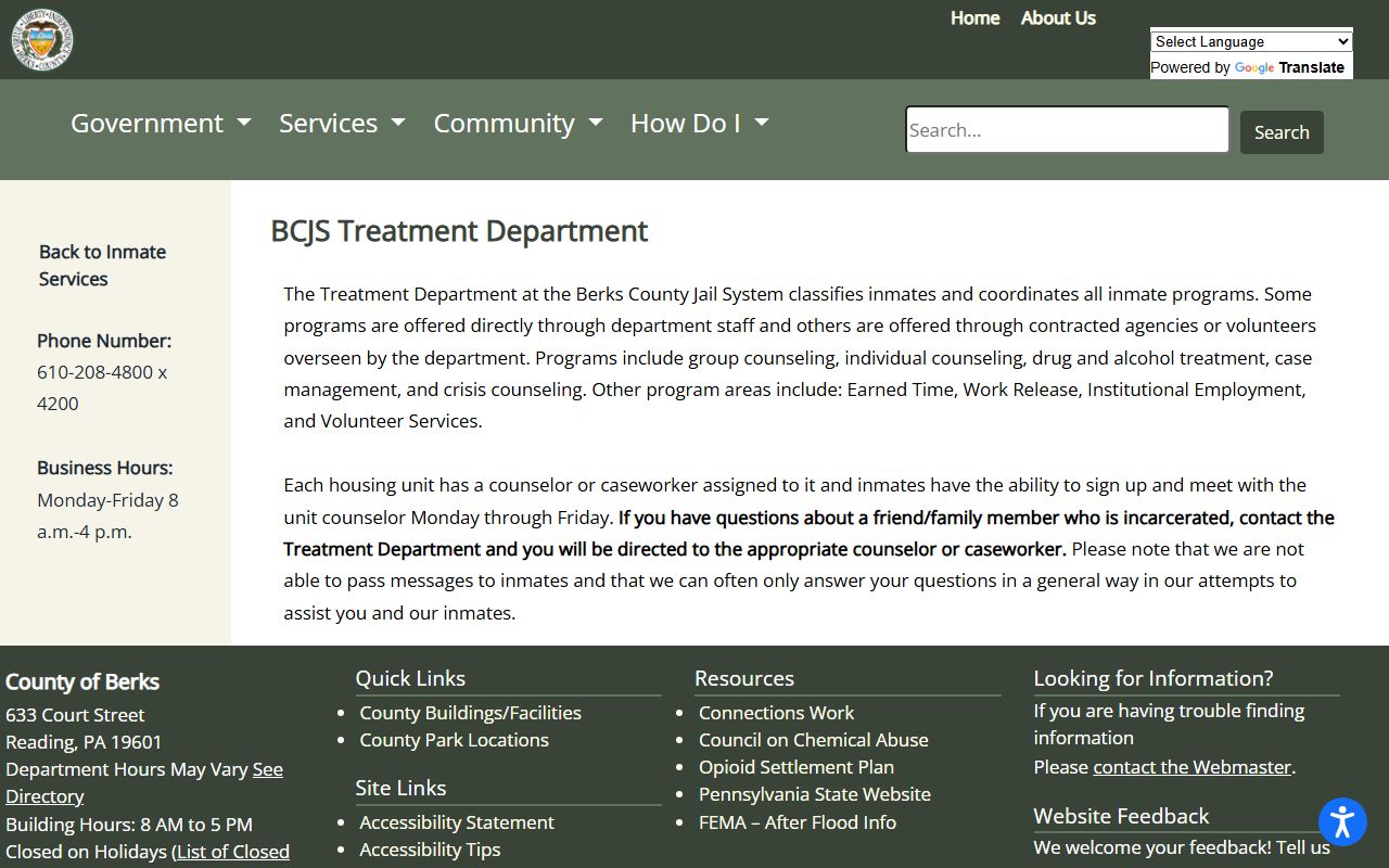 Berks County Community Reentry Center treatment classification and program services