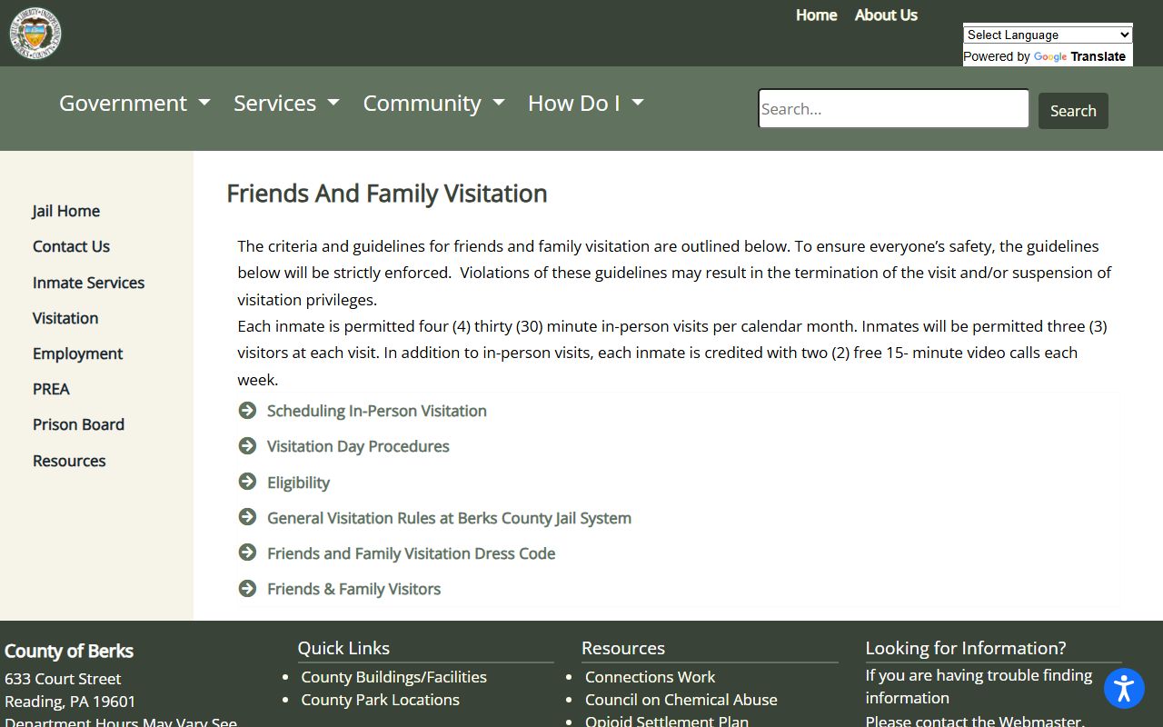 Berks County Jail System visitation rules for inmate visits