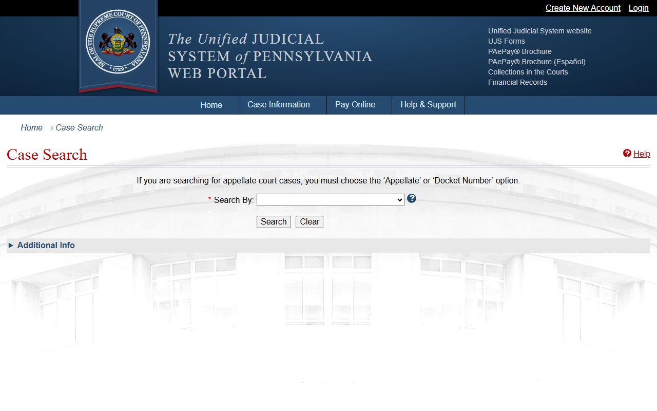 Pennsylvania UJS Case Search form with Berks County filter options